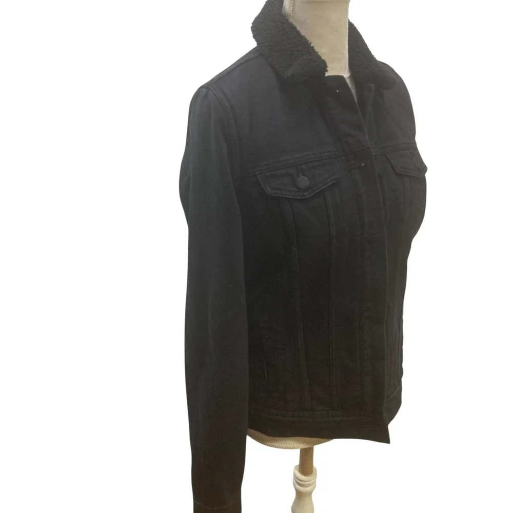 Old Navy Black Denim Jacket Sherpa Lined Tall Size‎ S Winter Button Front